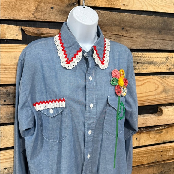 70s Women’s Osh Kosh B’Gosh Boho Embroidered Chambray Lace Detail Shirt large‎ - Picture 5 of 12
